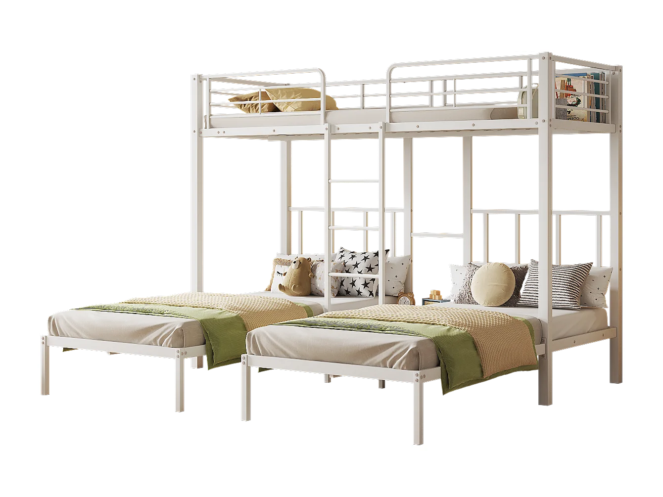 Lit superposé 90x200cm Échelle stable rangement tête de lit métal blanc (Sans matelas)
