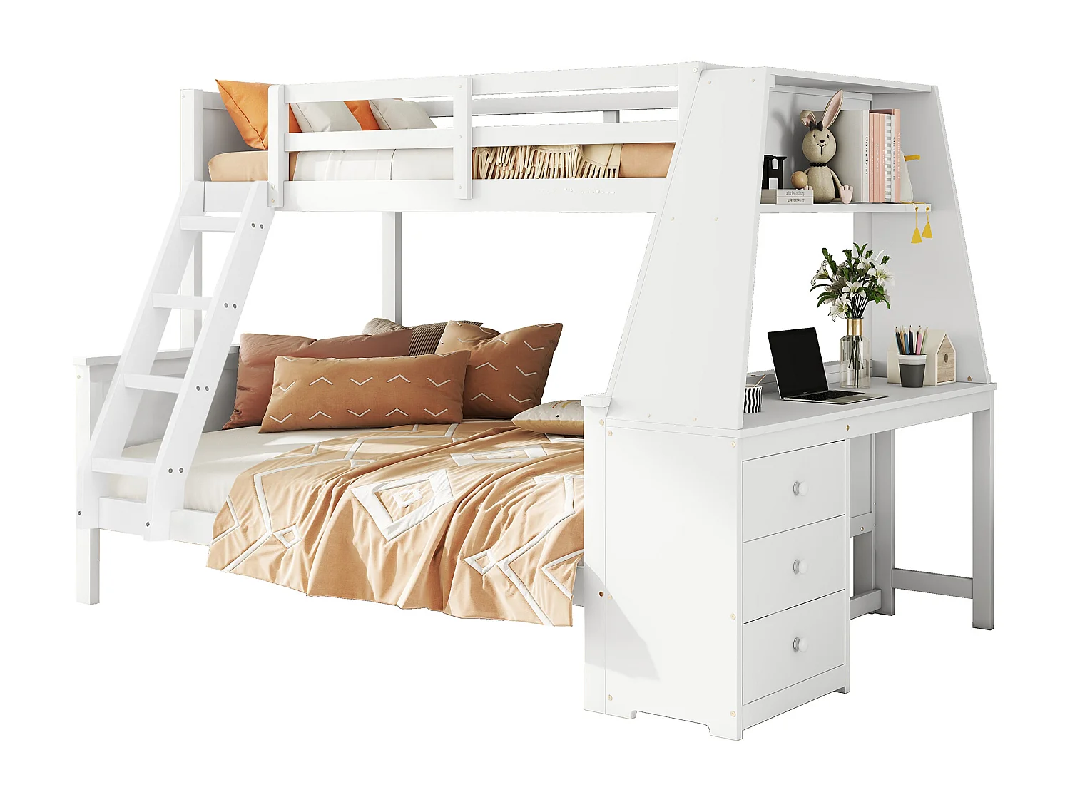 Lit superposé 90x200 + 140x200cm lit enfant design sécurisé bureau intégré bois idéal chambre enfant blanc (Sans matelas)