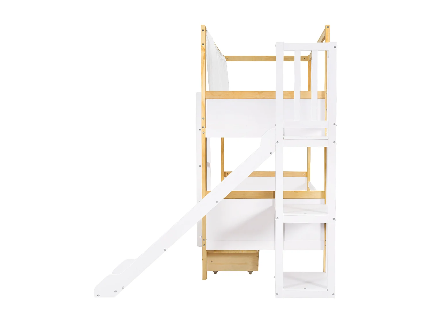 Litera 160x200cm cama infantil moderna con almacenamiento y escalera madera y MDF para habitación Blanco y natural (Sin colchón)