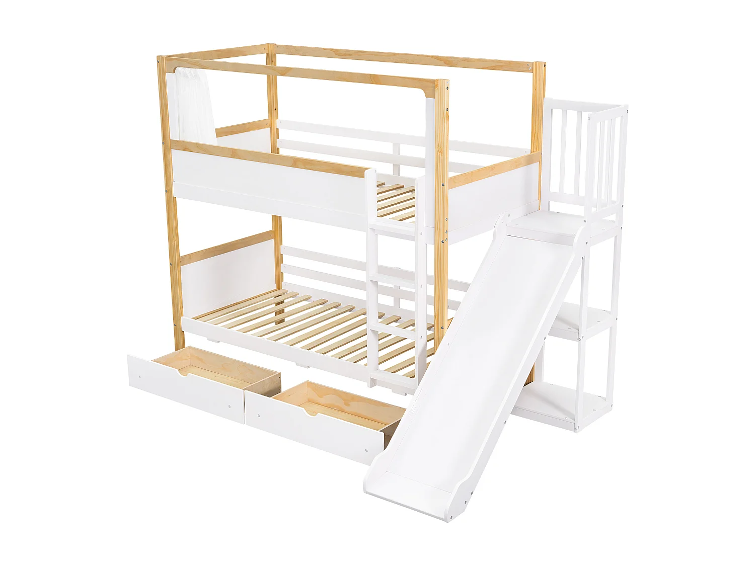 Lit superposé 160x200cm lit enfant moderne avec rangement bois et MDF idéal pour chambre Blanc et naturel (Sans matelas)