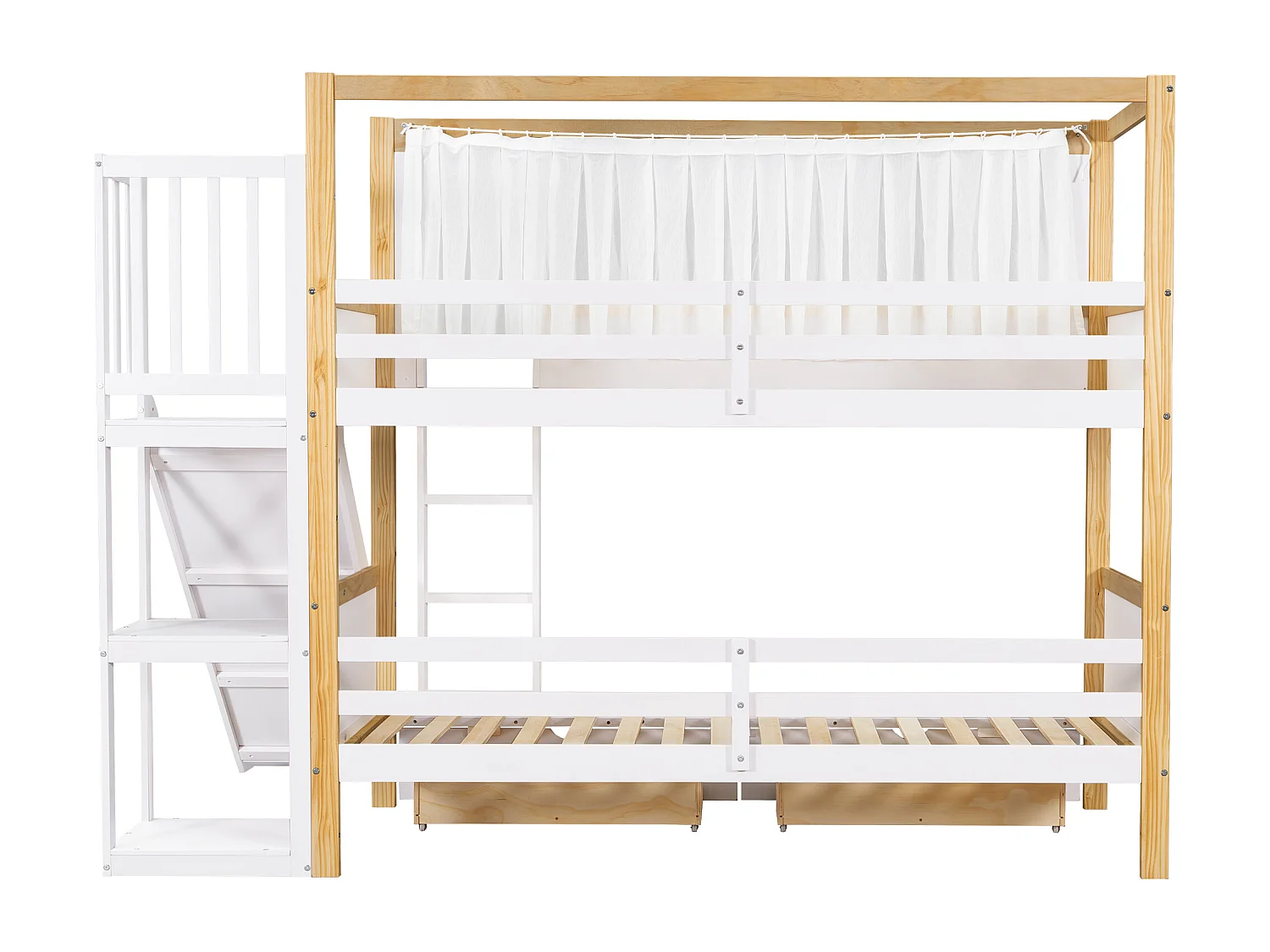 Lit superposé 160x200cm lit enfant moderne avec rangement bois et MDF idéal pour chambre Blanc et naturel (Sans matelas)