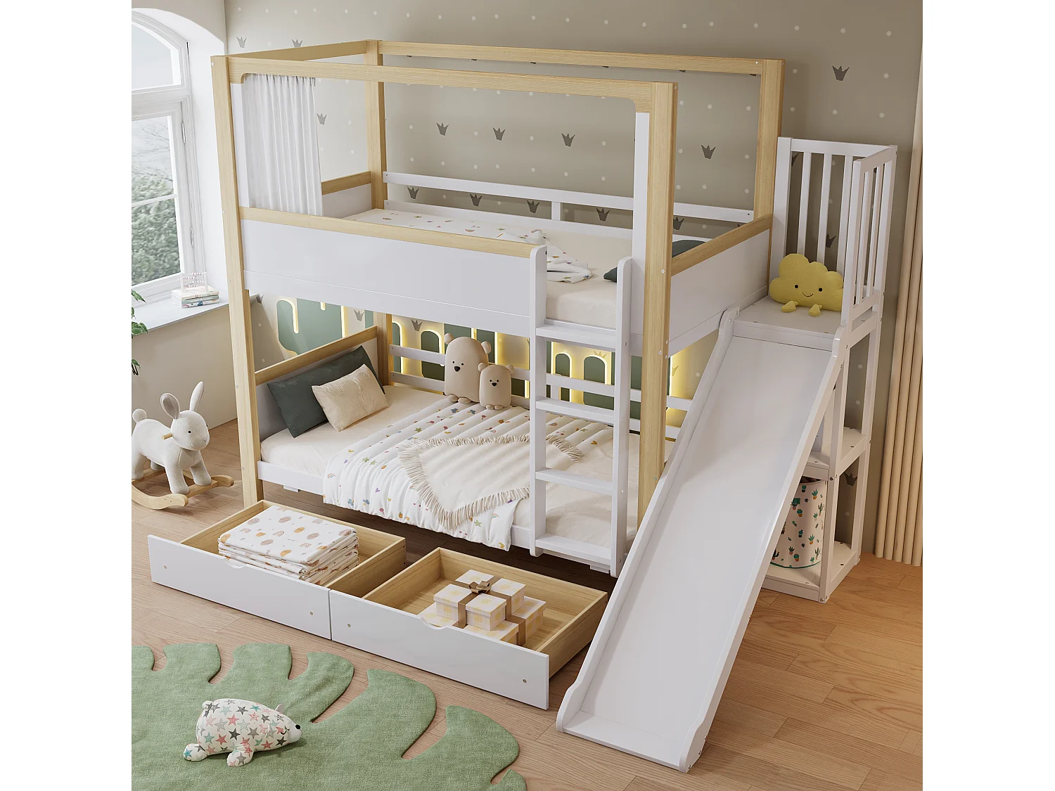 Lit superposé 160x200cm lit enfant moderne avec rangement bois et MDF idéal pour chambre Blanc et naturel (Sans matelas)