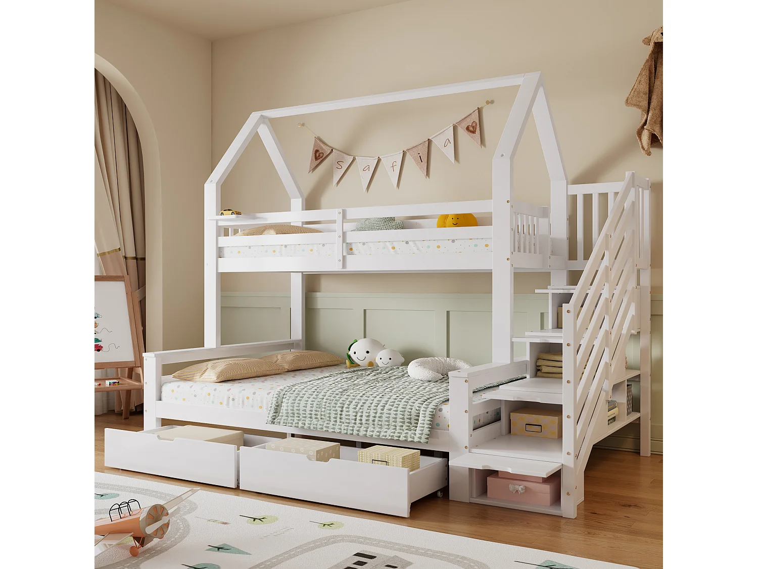 Stapelbed 140x200cm met trapkast en twee lades op wielen charmant dakdesign hout en MDF wit (Zonder matras)