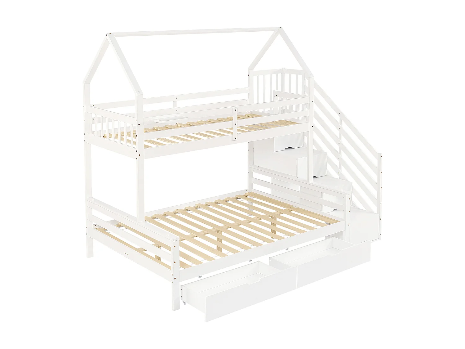 Stapelbed 140x200cm met trapkast en twee lades op wielen charmant dakdesign hout en MDF wit (Zonder matras)