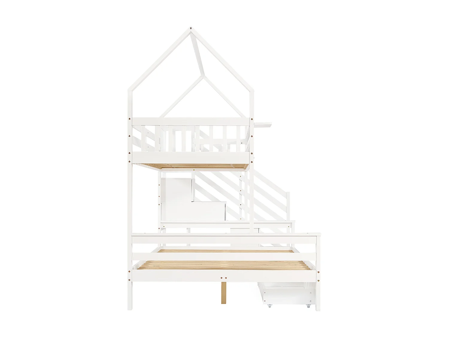 Stapelbed 140x200cm met trapkast en twee lades op wielen charmant dakdesign hout en MDF wit (Zonder matras)