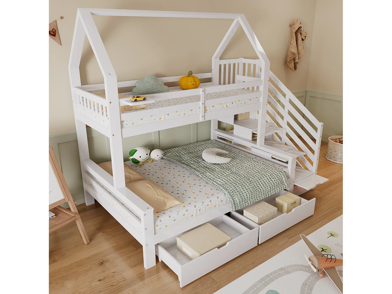 Stapelbed 140x200cm met trapkast en twee lades op wielen charmant dakdesign hout en MDF wit (Zonder matras)