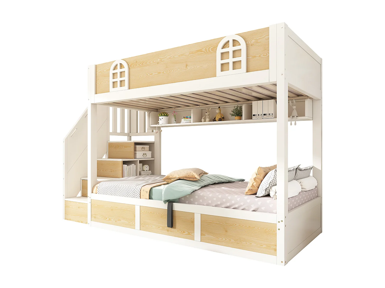 Lit superposé 90x200cm avec escalier armoire et espace de rangement barrières de sécurité et sommiers à lattes couleur du bois blanc et naturel (sans matelas)