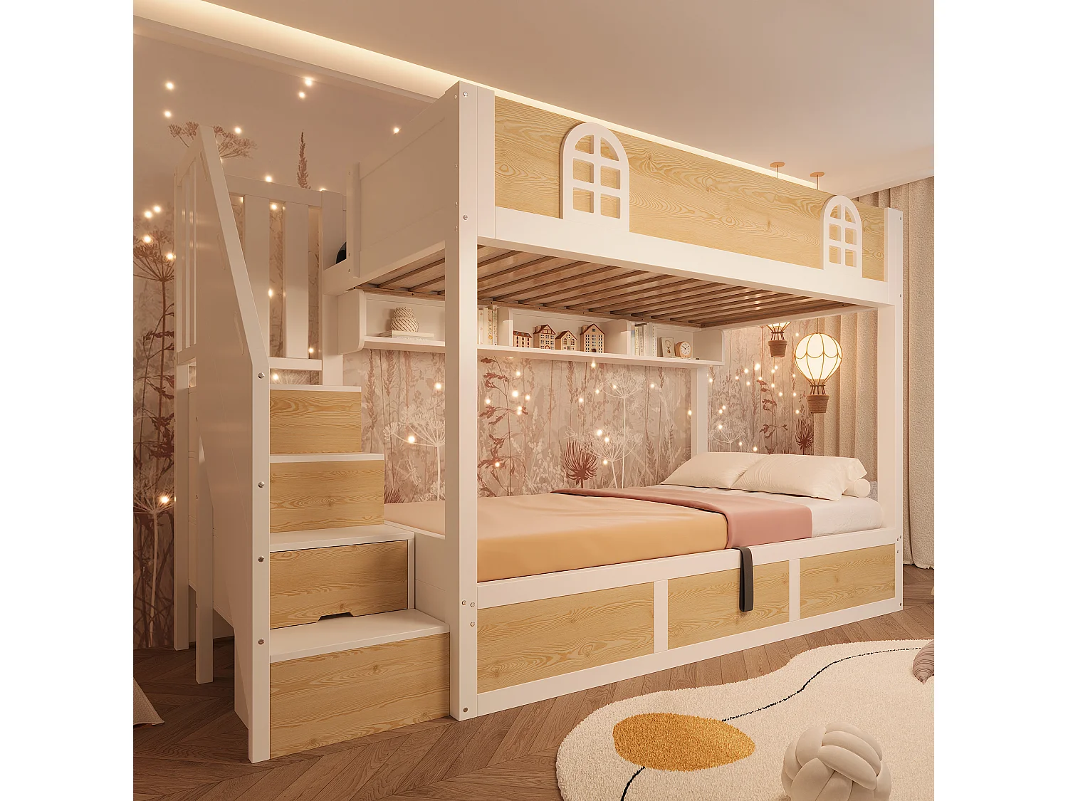 Lit superposé 90x200cm avec escalier armoire et espace de rangement barrières de sécurité et sommiers à lattes couleur du bois blanc et naturel (sans matelas)