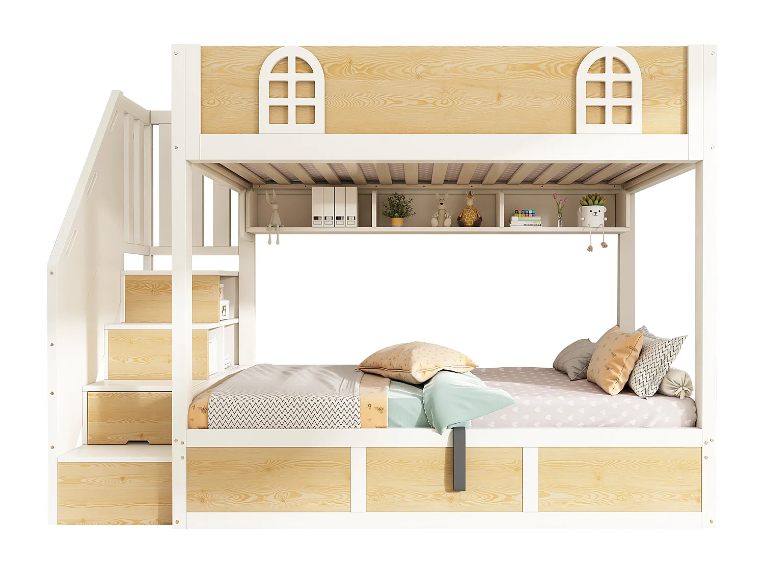 Stapelbed 90x200cm met trap, kledingkast en opbergruimte, veiligheidshekjes en lattenbodem, wit en naturel houtkleur (exclusief matras)