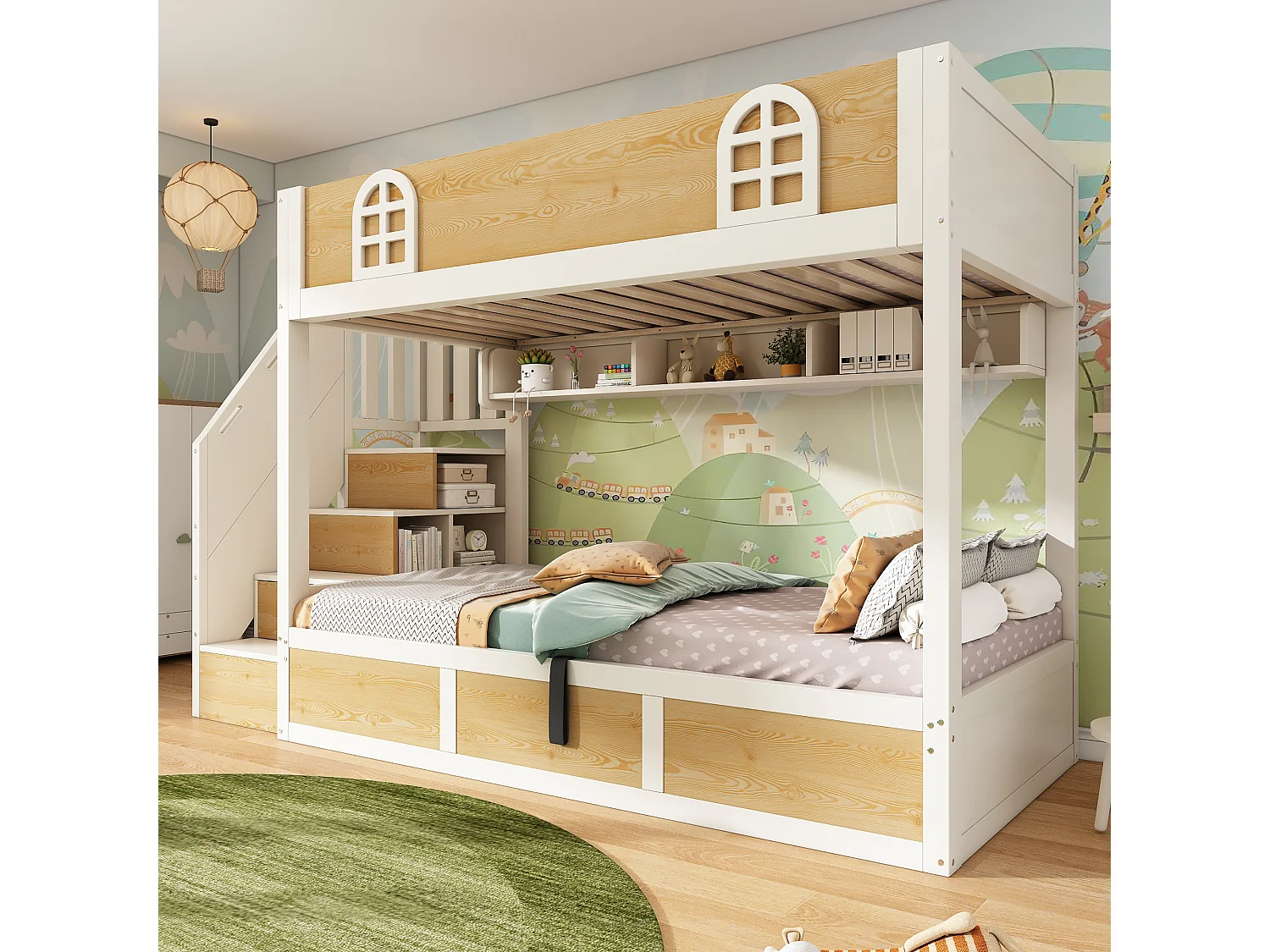 Stapelbed 90x200cm met trap, kledingkast en opbergruimte, veiligheidshekjes en lattenbodem, wit en naturel houtkleur (exclusief matras)