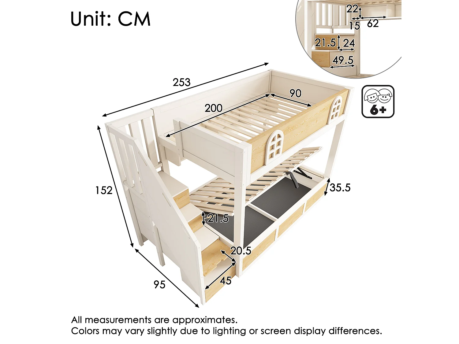 Stapelbed 90x200cm met trap, kledingkast en opbergruimte, veiligheidshekjes en lattenbodem, wit en naturel houtkleur (exclusief matras)