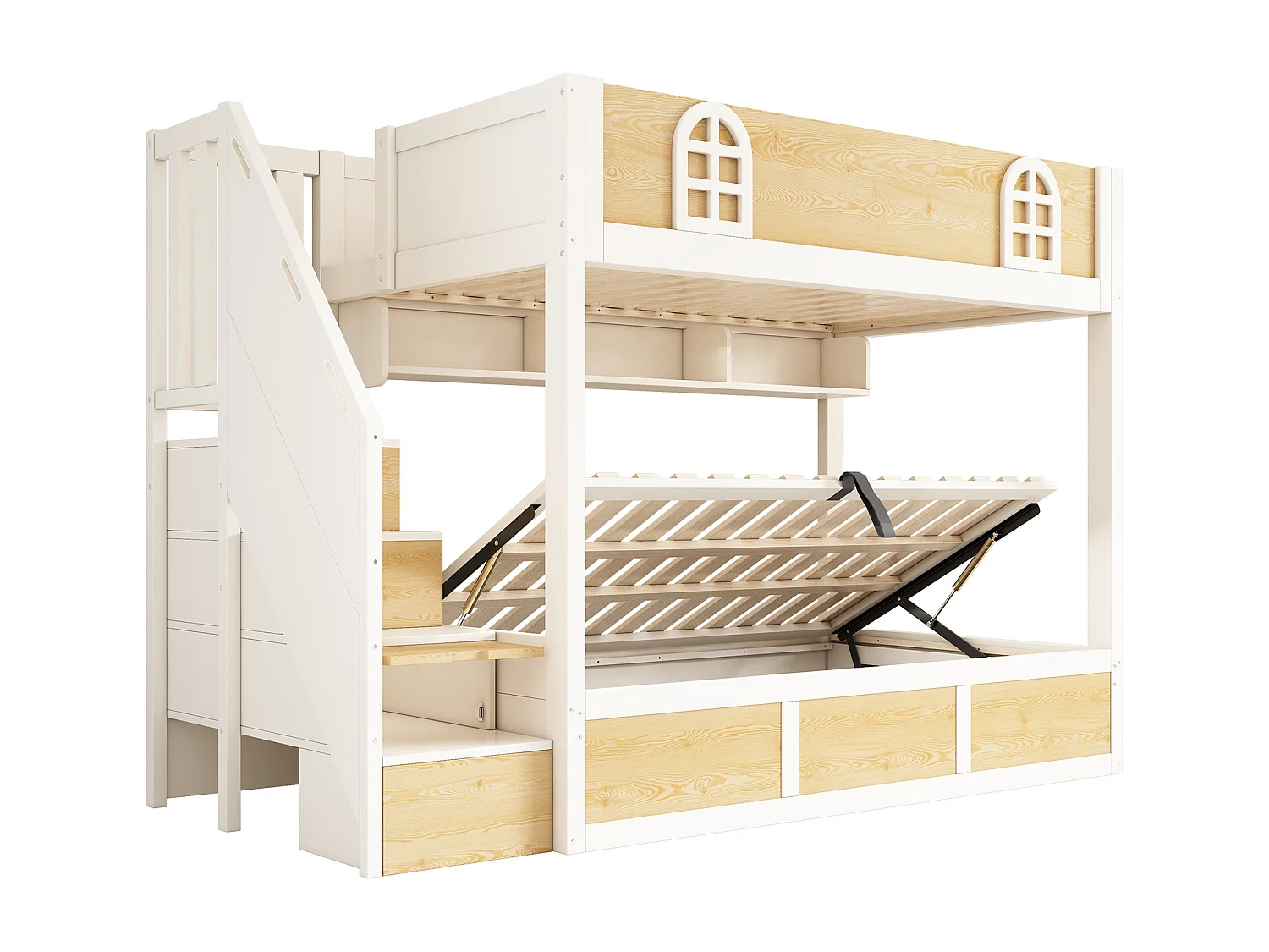 Stapelbed 90x200cm met trap, kledingkast en opbergruimte, veiligheidshekjes en lattenbodem, wit en naturel houtkleur (exclusief matras)