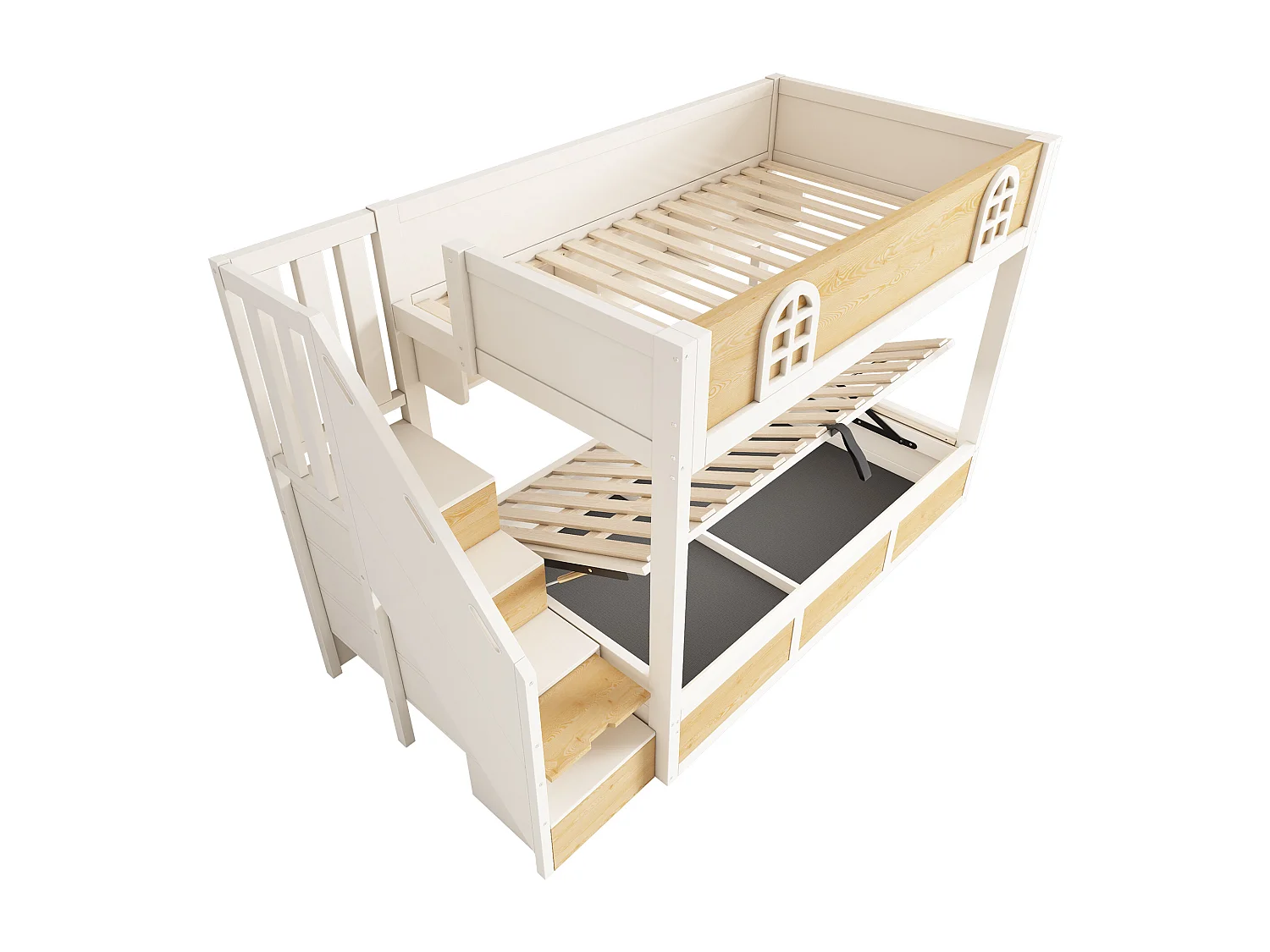Stapelbed 90x200cm met trap, kledingkast en opbergruimte, veiligheidshekjes en lattenbodem, wit en naturel houtkleur (exclusief matras)