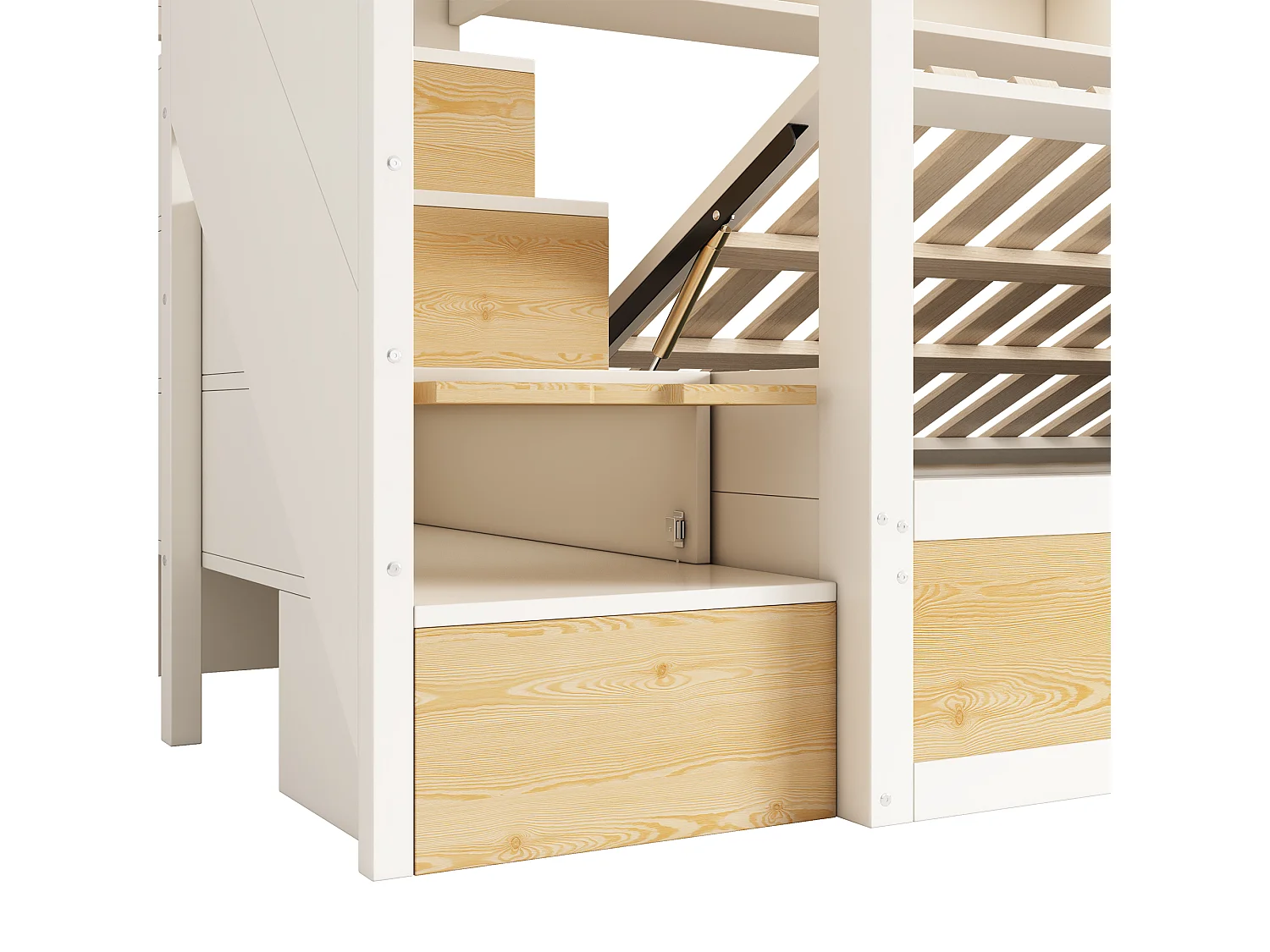 Stapelbed 90x200cm met trap, kledingkast en opbergruimte, veiligheidshekjes en lattenbodem, wit en naturel houtkleur (exclusief matras)