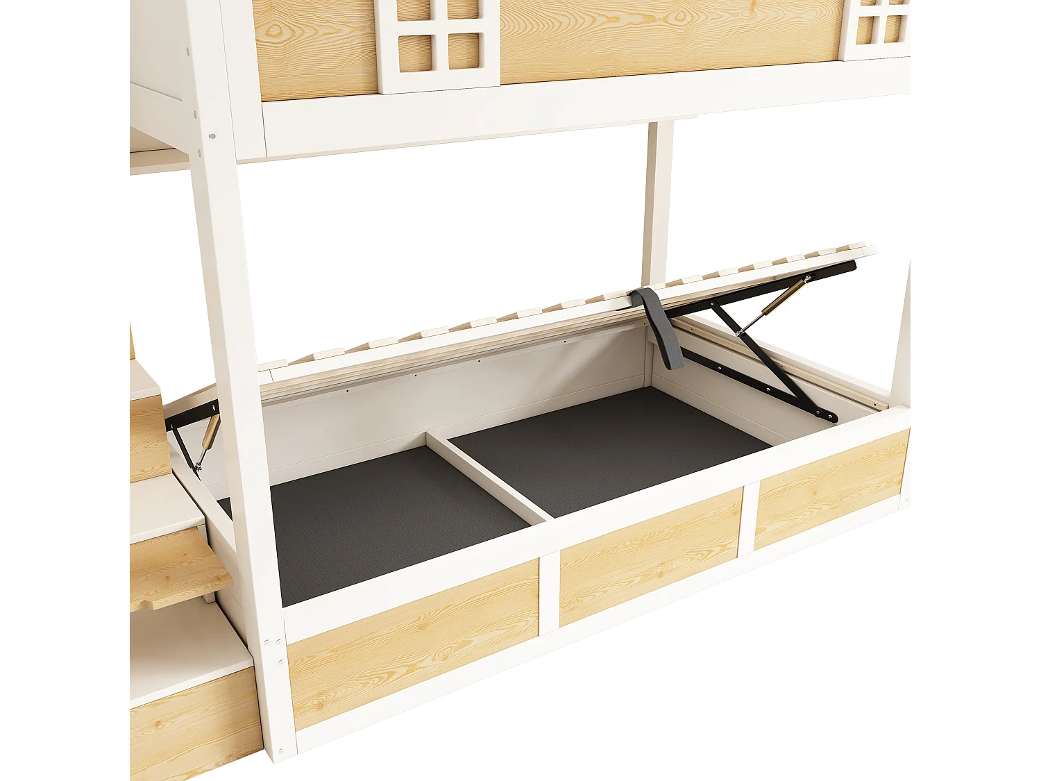 Stapelbed 90x200cm met trap, kledingkast en opbergruimte, veiligheidshekjes en lattenbodem, wit en naturel houtkleur (exclusief matras)