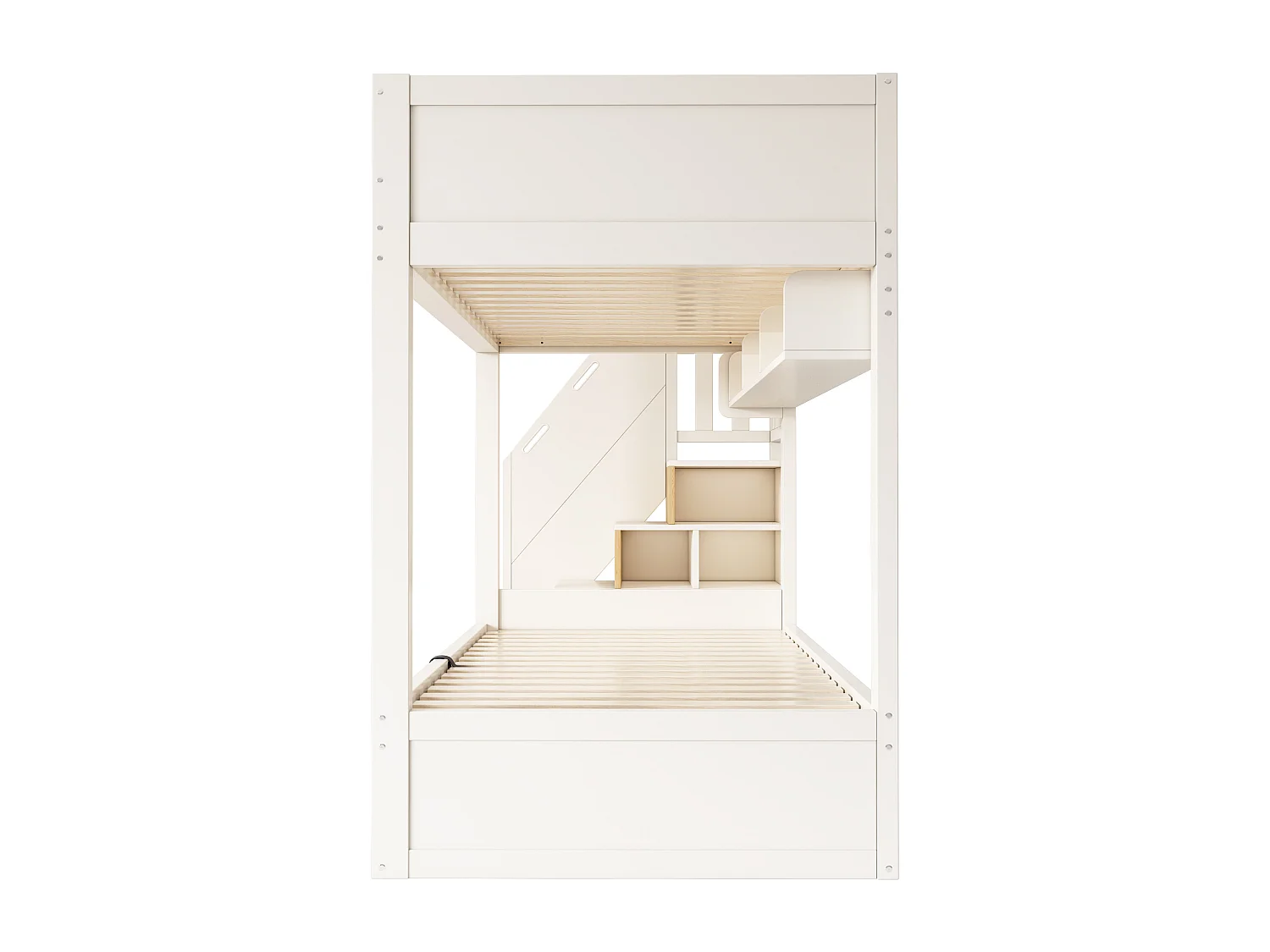 Stapelbed 90x200cm met trap, kledingkast en opbergruimte, veiligheidshekjes en lattenbodem, wit en naturel houtkleur (exclusief matras)