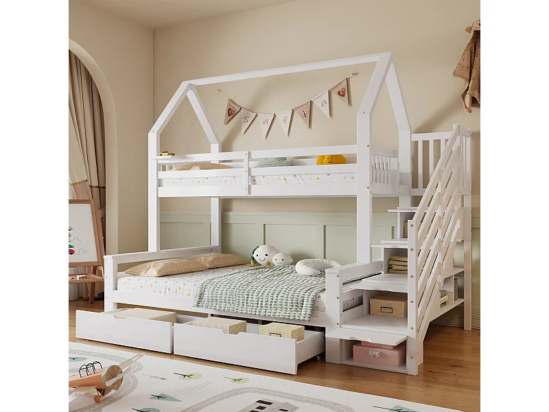 Stapelbed 140x200cm met trapkast en twee lades op wielen charmant dakdesign hout en MDF wit (Zonder matras)