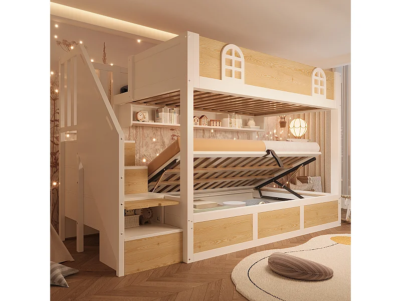 Lit superposé 90x200cm avec escalier armoire et espace de rangement barrières de sécurité et sommiers à lattes couleur du bois blanc et naturel (sans matelas)