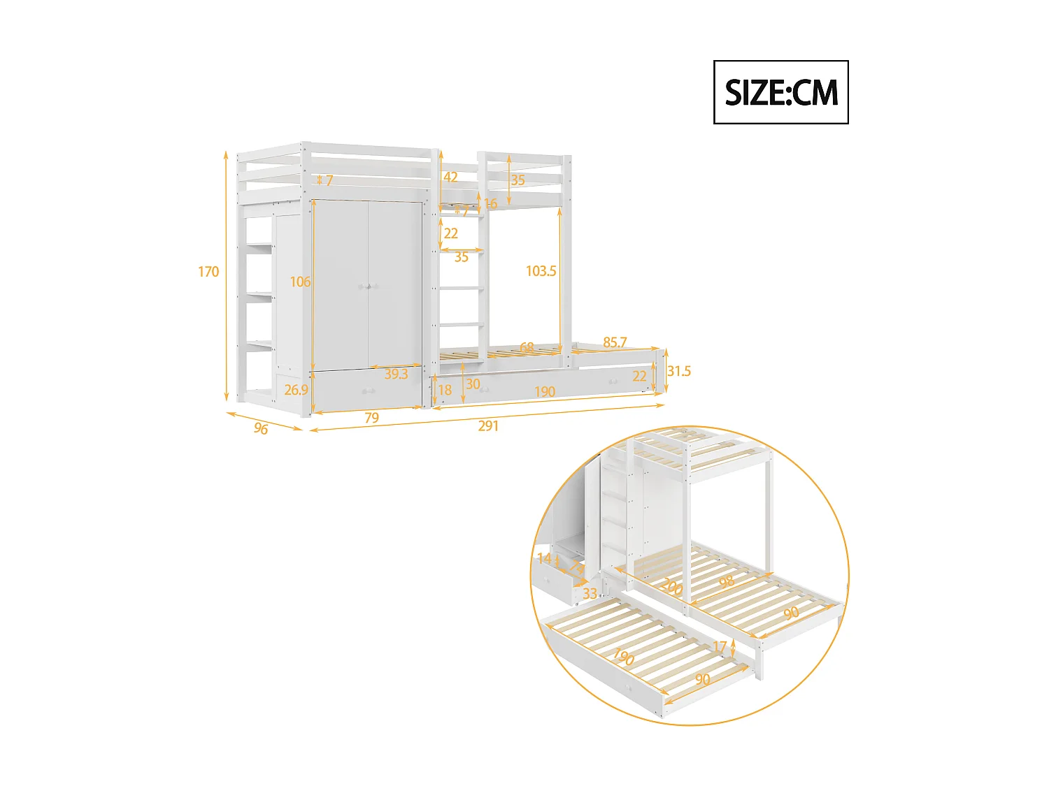 Litera 90x200cm cama para niños ahro de espacio con almacenamiento madera dmitio blanco (Sin colchón)