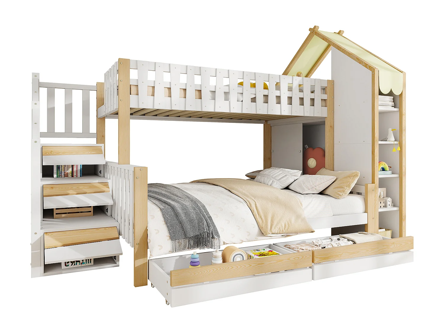 Lit superposé 90x200 140x200 avec barrières, échelle avec rangements, 4 tiroirs, pin blanc naturel (Sans matelas)