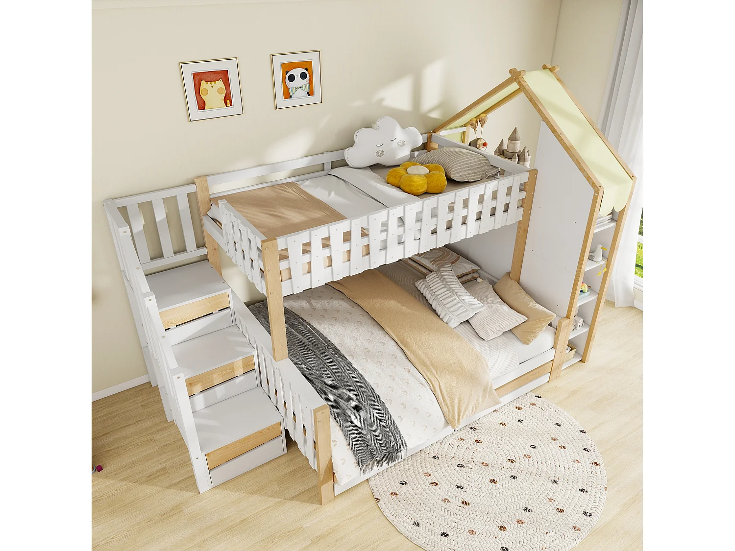 Lit superposé 90x200 140x200 avec barrières, échelle avec rangements, 4 tiroirs, pin blanc naturel (Sans matelas)