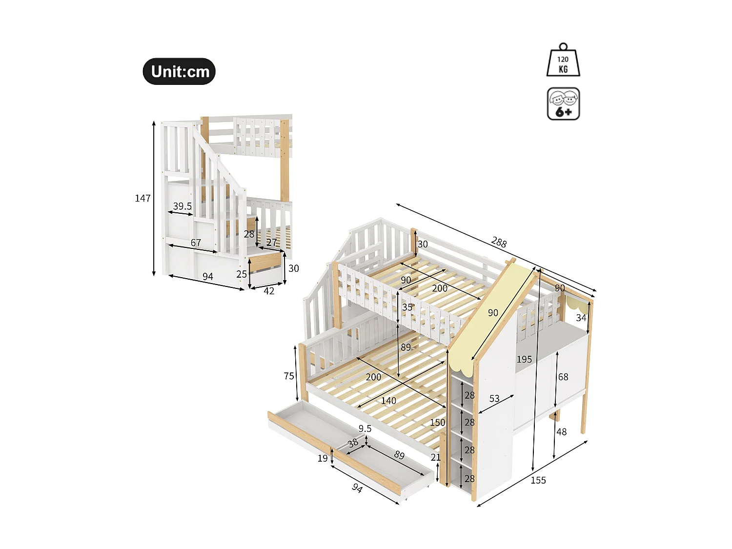 Lit superposé 90x200 140x200 avec barrières, échelle avec rangements, 4 tiroirs, pin blanc naturel (Sans matelas)