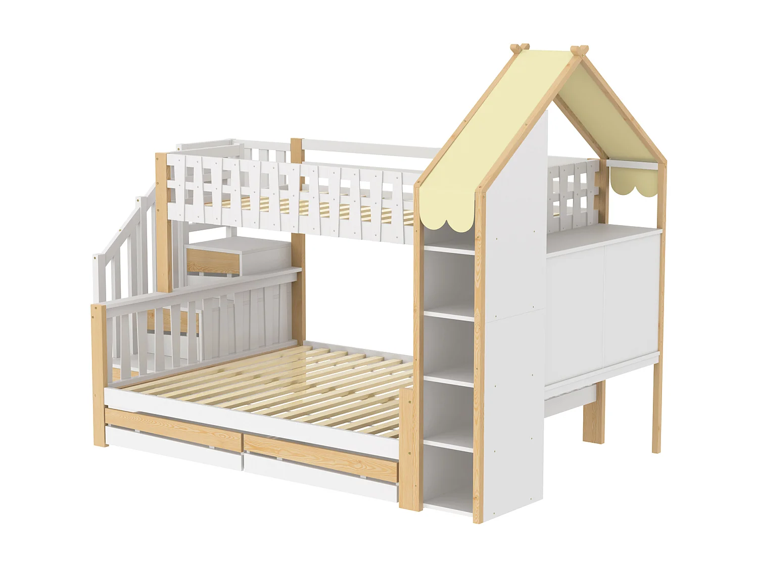 Lit superposé 90x200 140x200 avec barrières, échelle avec rangements, 4 tiroirs, pin blanc naturel (Sans matelas)