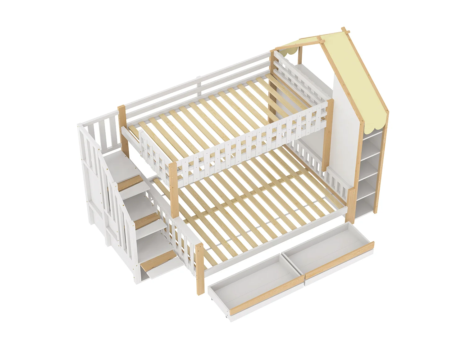 Lit superposé 90x200 140x200 avec barrières, échelle avec rangements, 4 tiroirs, pin blanc naturel (Sans matelas)