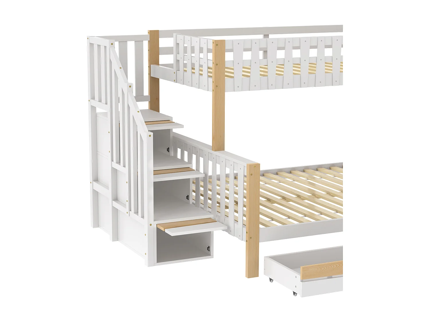 Lit superposé 90x200 140x200 avec barrières, échelle avec rangements, 4 tiroirs, pin blanc naturel (Sans matelas)