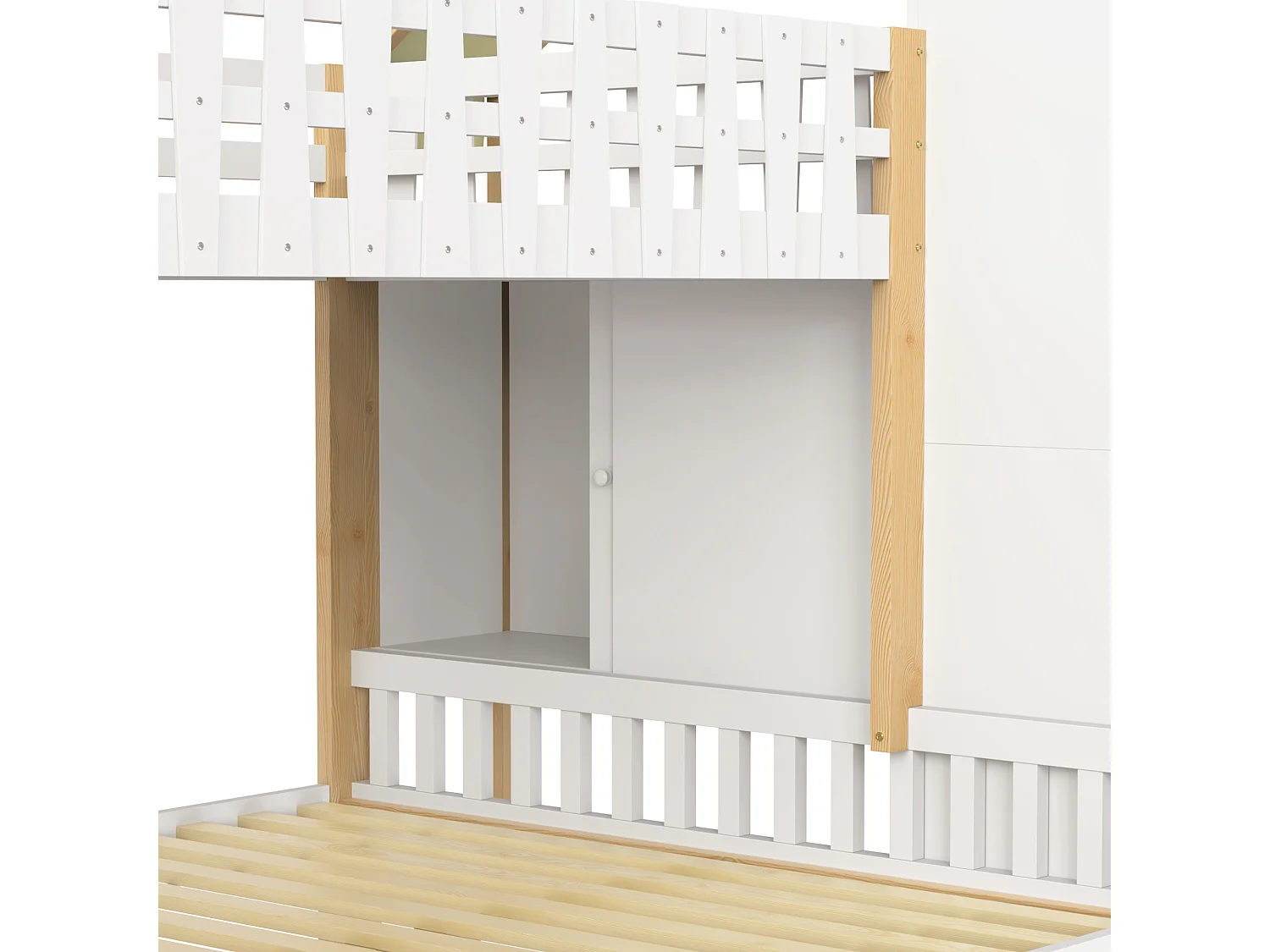 Lit superposé 90x200 140x200 avec barrières, échelle avec rangements, 4 tiroirs, pin blanc naturel (Sans matelas)