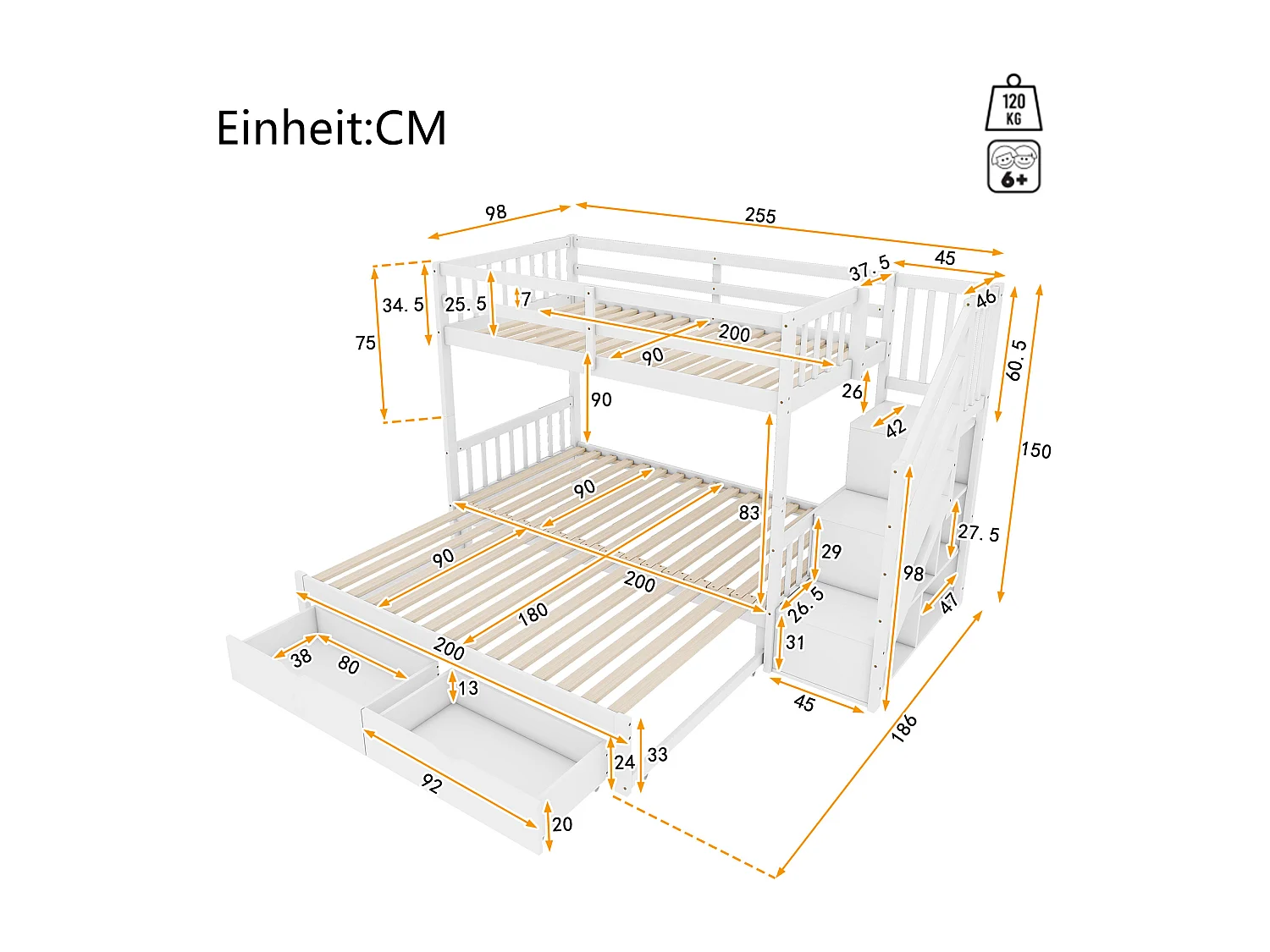 Stapelbed 90x200cm met uitschuifbed en lades ruimtebesparend grenen en MDF wit (Zonder matras)