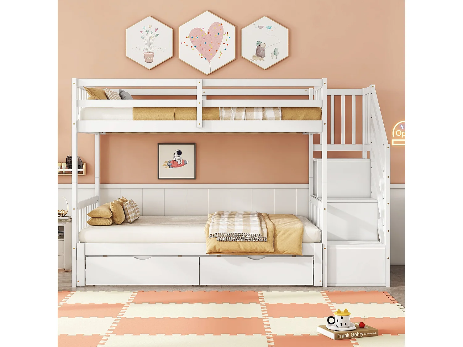 Stapelbed 90x200cm met uitschuifbed en lades ruimtebesparend grenen en MDF wit (Zonder matras)