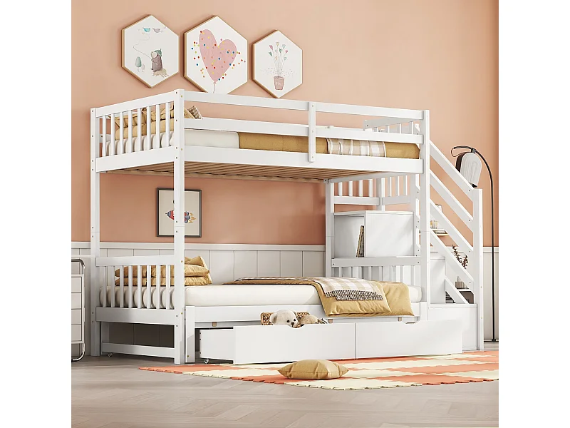 Stapelbed 90x200cm met uitschuifbed en lades ruimtebesparend grenen en MDF wit (Zonder matras)