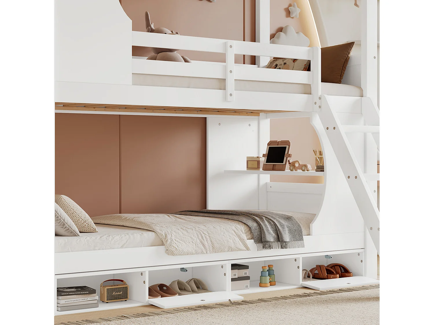 Lit superposé 140x200cm structure robuste panneaux MDF et bois design gain de place double bureau blanc (Sans matelas)