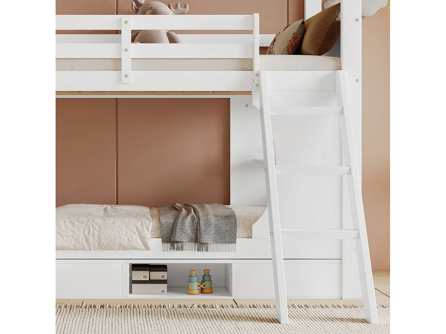 Lit superposé 140x200cm structure robuste panneaux MDF et bois design gain de place double bureau blanc (Sans matelas)