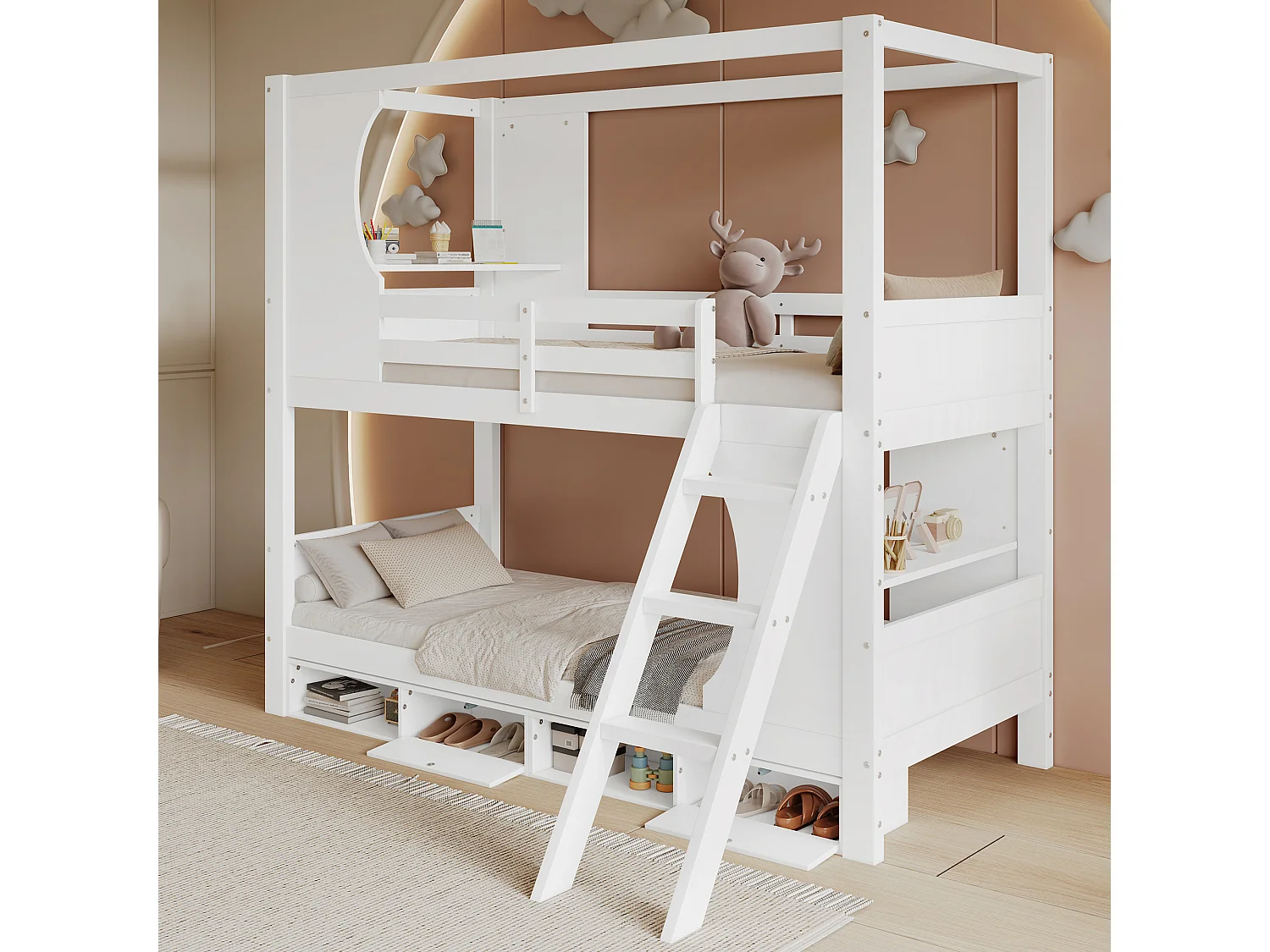 Litera infantil 90x200 cm con mesas integradas, con barandillas de seguridad, con zapatero de 4 compartimentos, MDF, Blanco (Sin colchón)