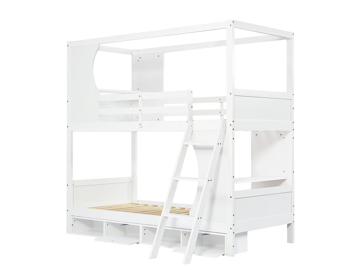 Litera infantil 90x200 cm con mesas integradas, con barandillas de seguridad, con zapatero de 4 compartimentos, MDF, Blanco (Sin colchón)