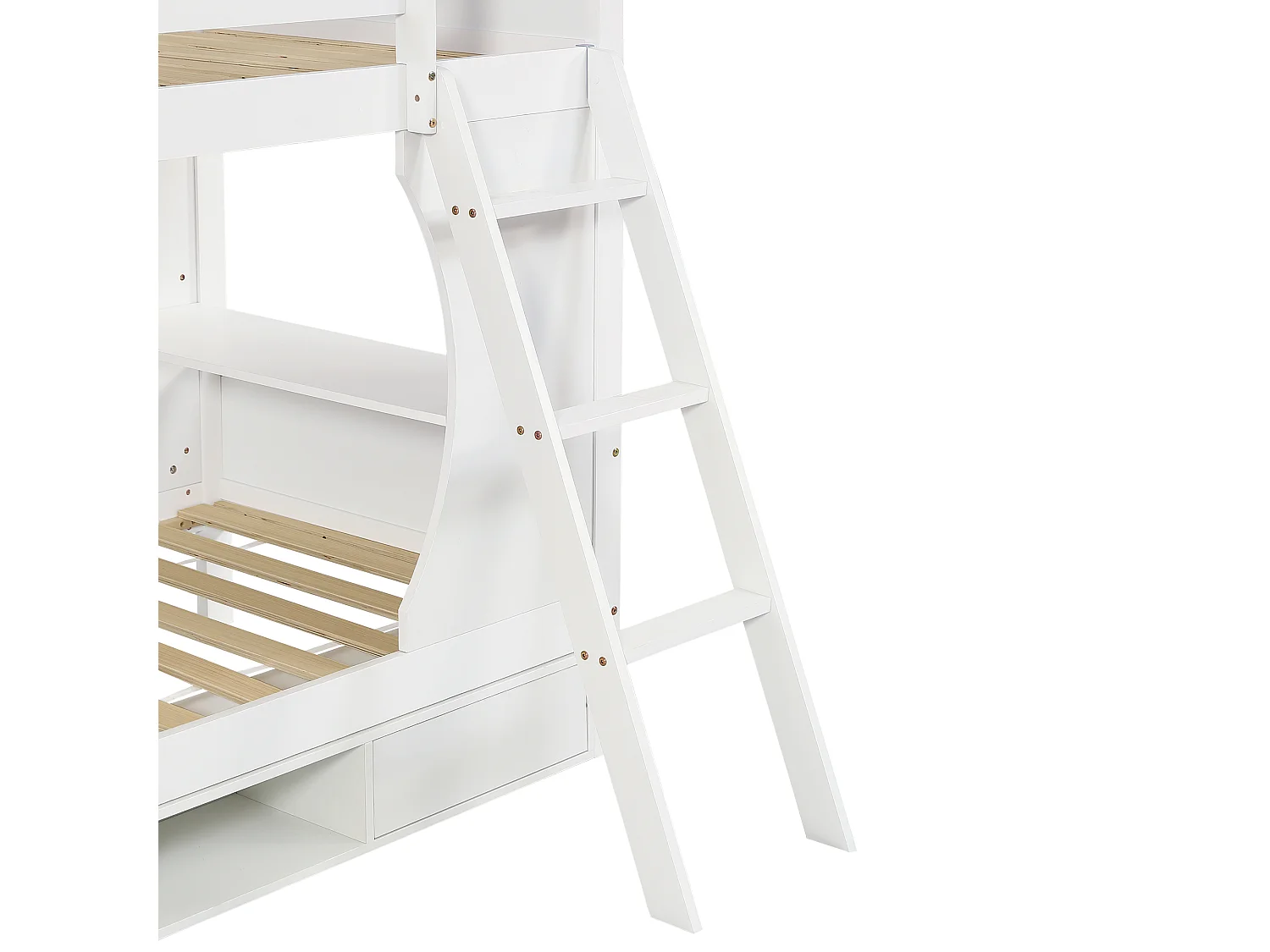 Litera infantil 90x200 cm con mesas integradas, con barandillas de seguridad, con zapatero de 4 compartimentos, MDF, Blanco (Sin colchón)