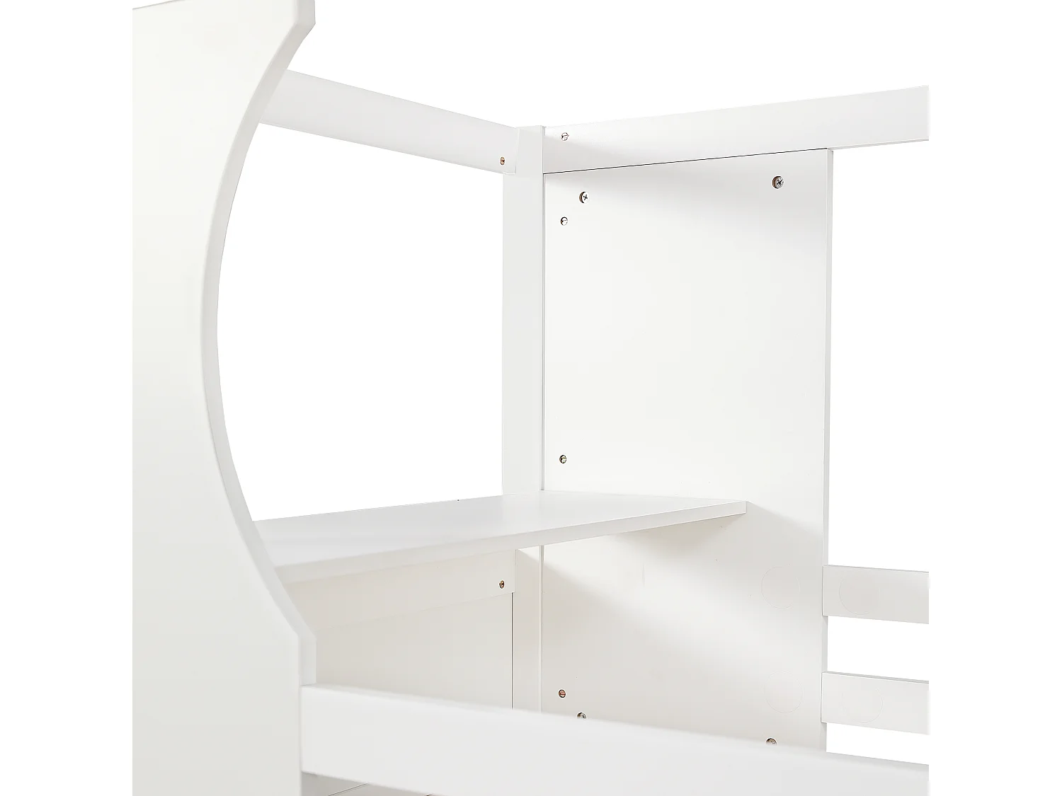 Litera infantil 90x200 cm con mesas integradas, con barandillas de seguridad, con zapatero de 4 compartimentos, MDF, Blanco (Sin colchón)