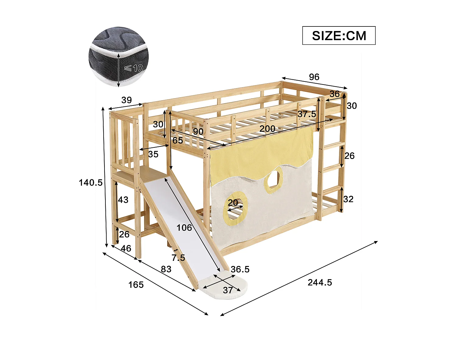 Litera 90x200cm cama infantil estilo nórdico divertida con tobogán madera para habitación natural (Sin colchón)