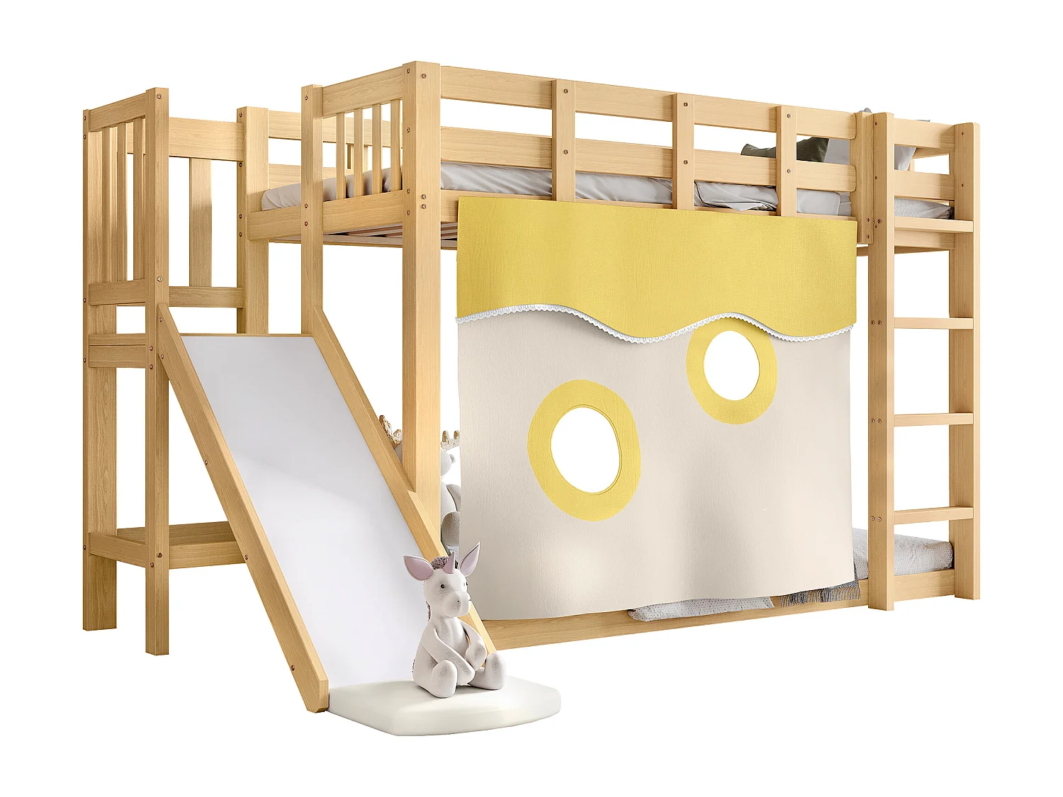 Litera infantil 90x200 cm con escalera, barandilla, tobogán, cortinas, madera, natural (Sin colchón)
