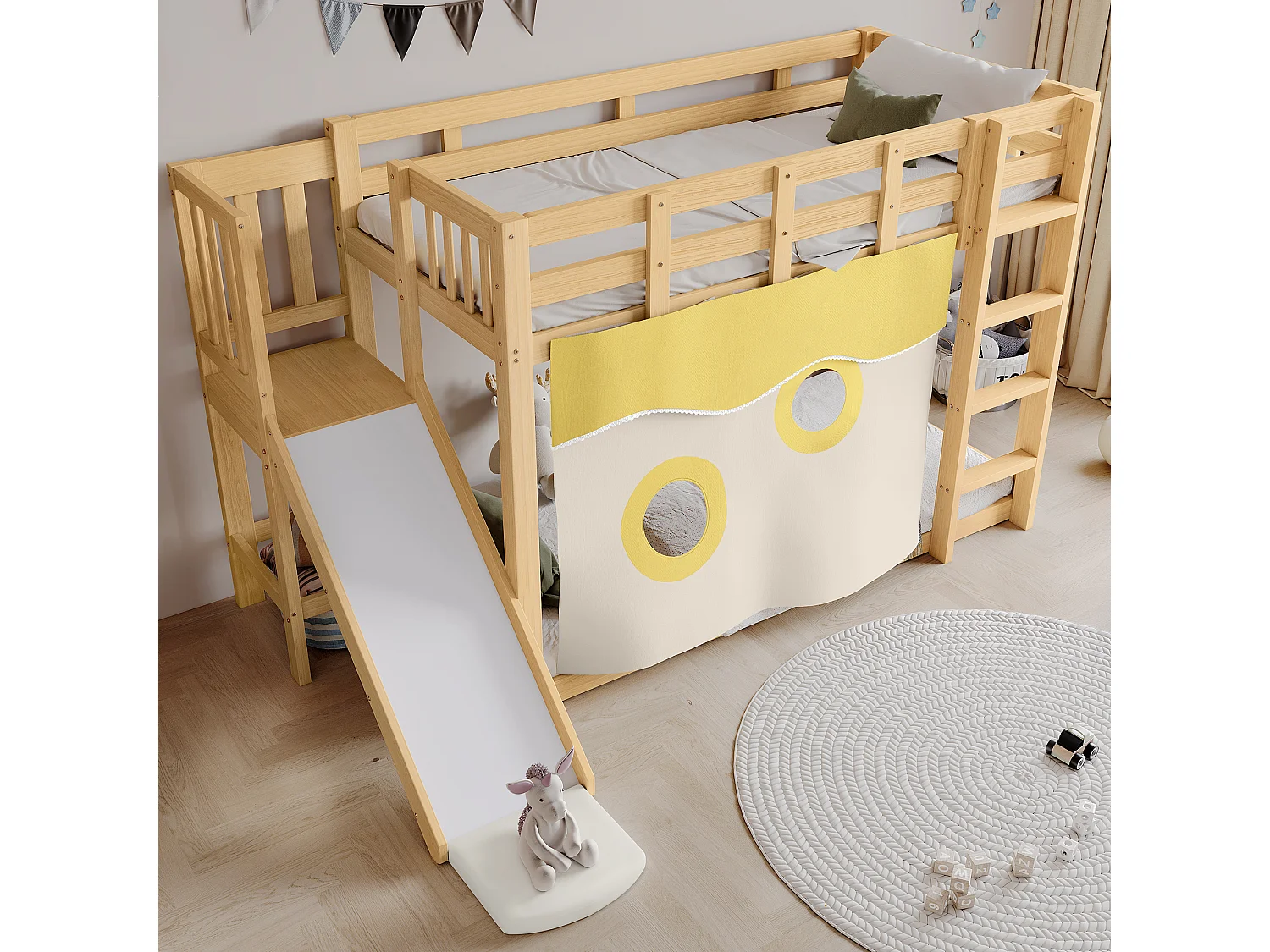 Litera infantil 90x200 cm con escalera, barandilla, tobogán, cortinas, madera, natural (Sin colchón)