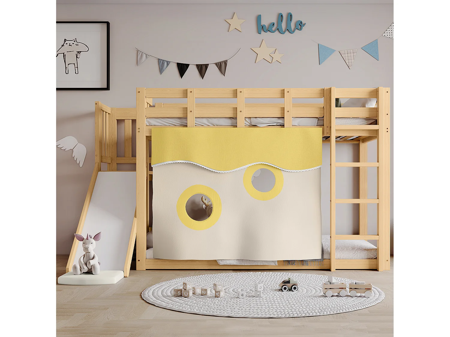 Litera infantil 90x200 cm con escalera, barandilla, tobogán, cortinas, madera, natural (Sin colchón)