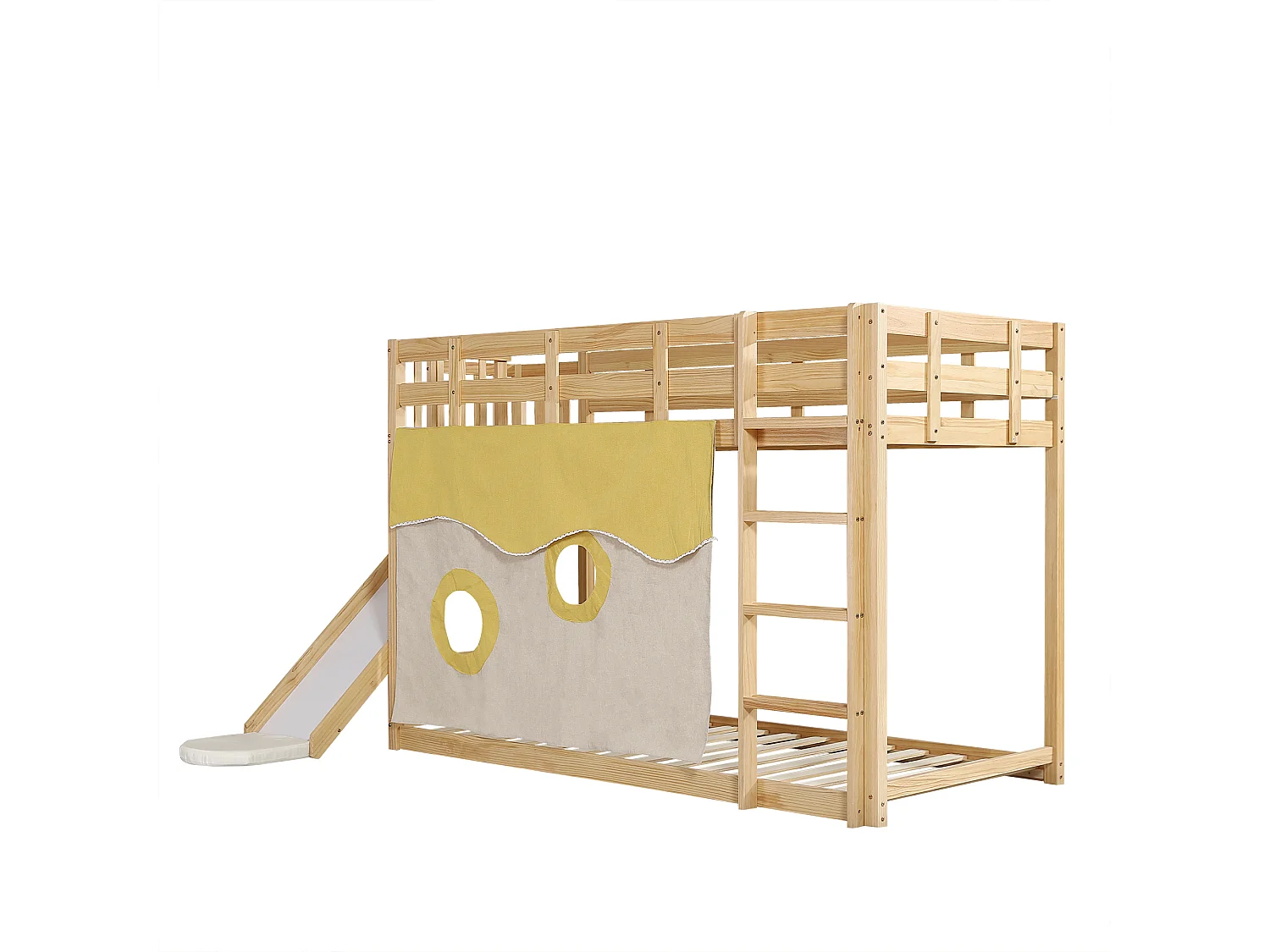 Litera infantil 90x200 cm con escalera, barandilla, tobogán, cortinas, madera, natural (Sin colchón)