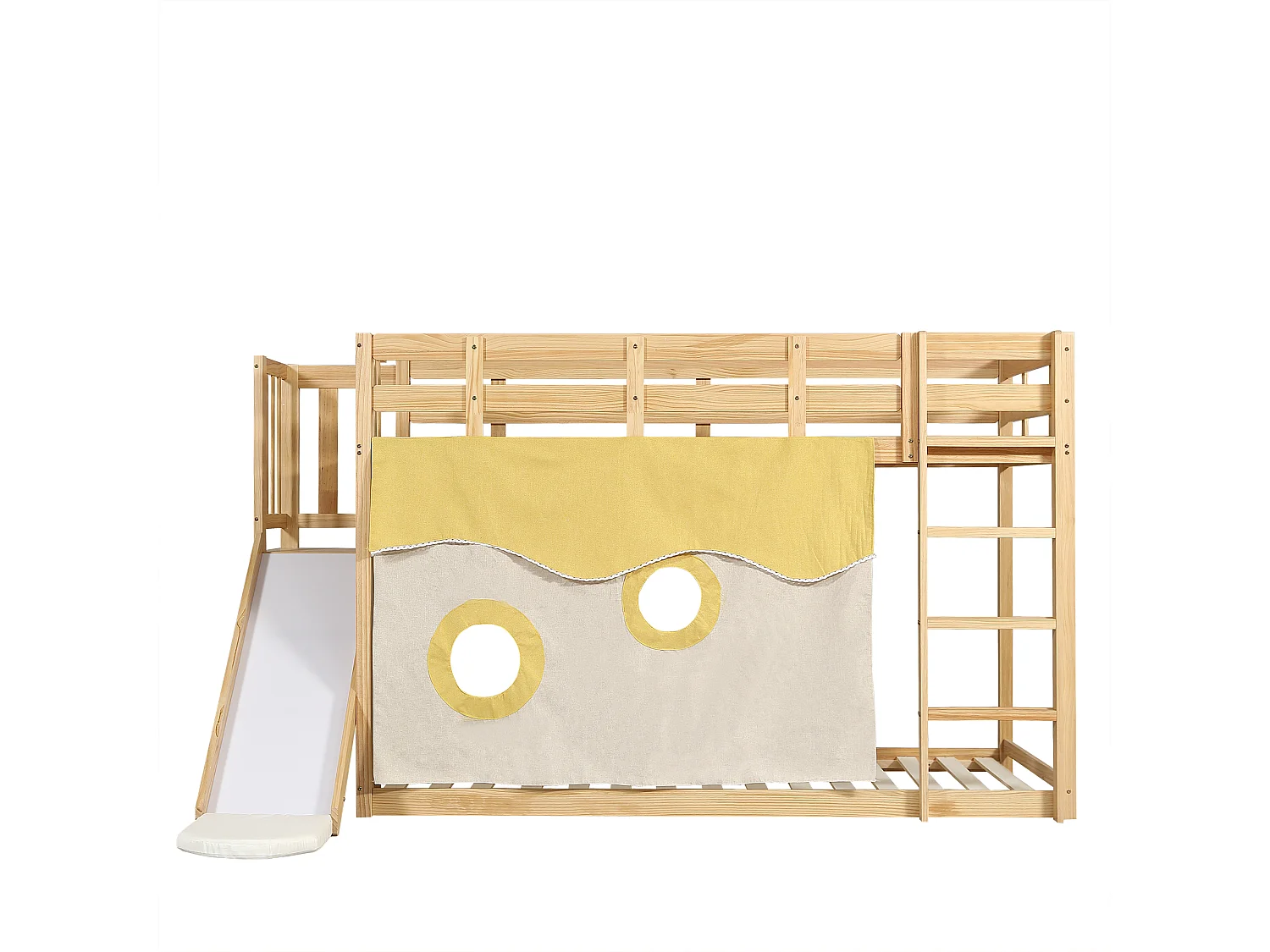 Litera infantil 90x200 cm con escalera, barandilla, tobogán, cortinas, madera, natural (Sin colchón)