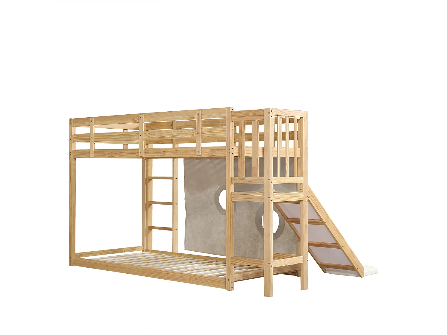 Litera infantil 90x200 cm con escalera, barandilla, tobogán, cortinas, madera, natural (Sin colchón)