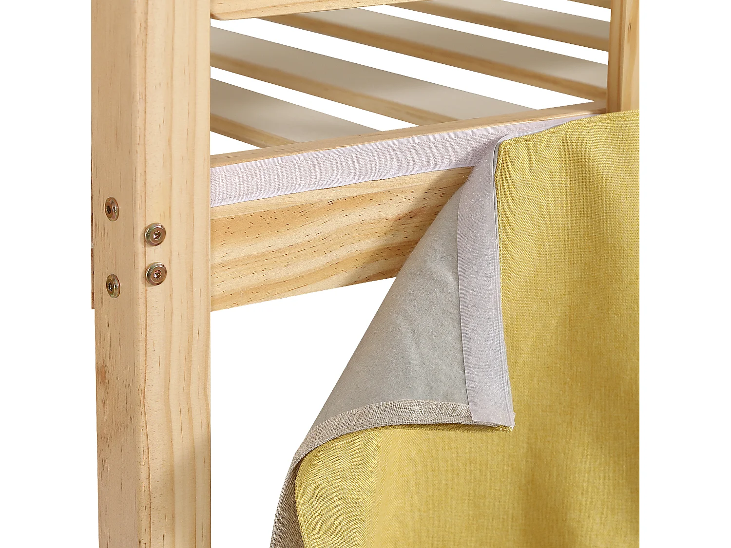 Litera infantil 90x200 cm con escalera, barandilla, tobogán, cortinas, madera, natural (Sin colchón)