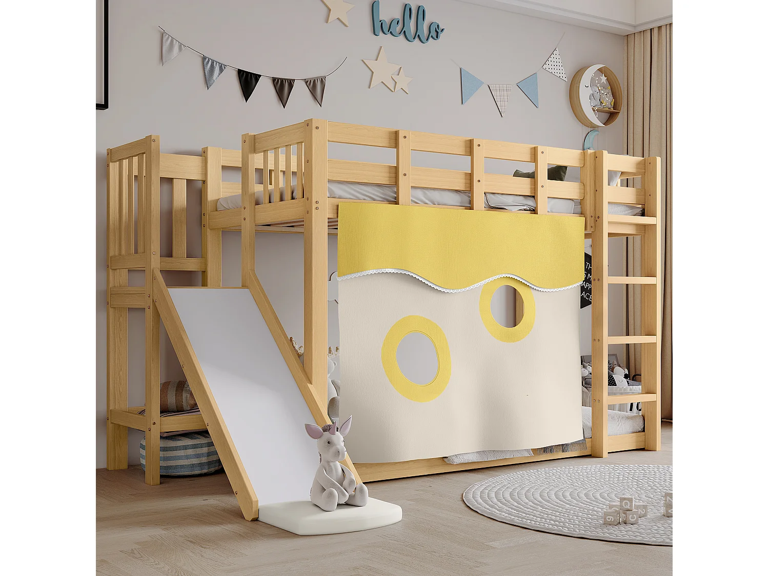 Litera infantil 90x200 cm con escalera, barandilla, tobogán, cortinas, madera, natural (Sin colchón)