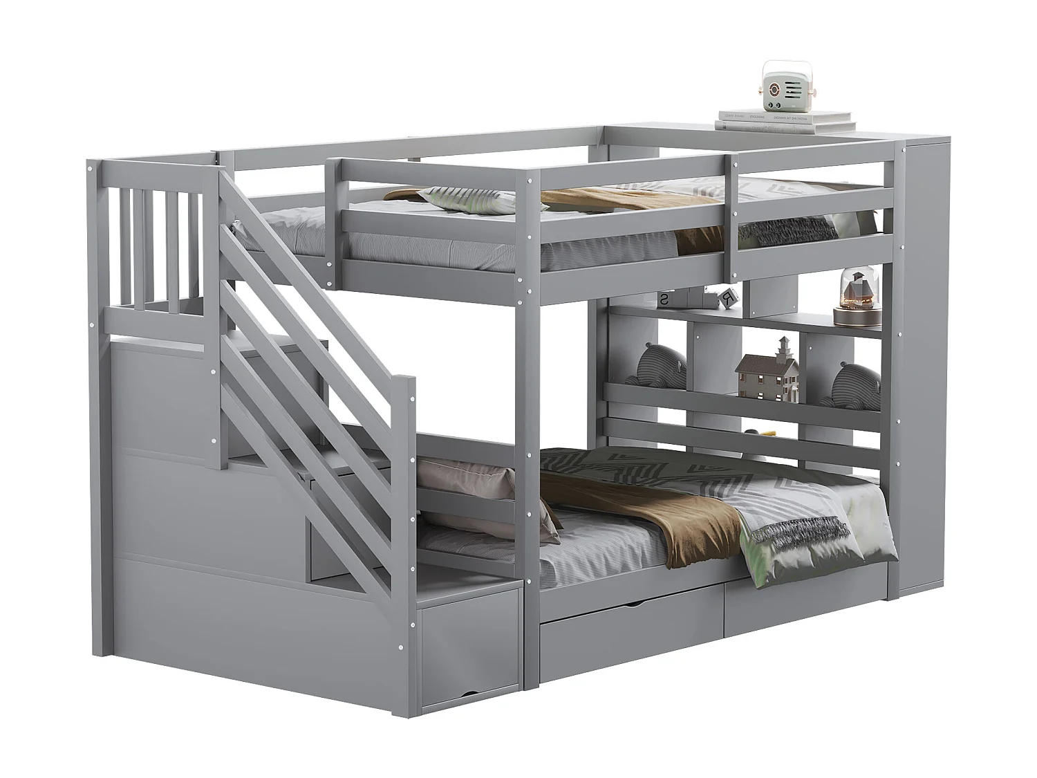 Stapelbed 90x200 cm, met opbergtrap, met opbergladen en grote kasten, van hout, grijs (zonder matras)