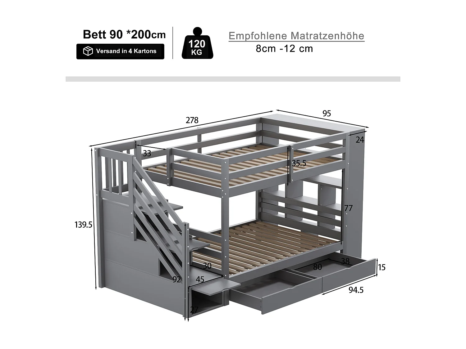 Stapelbed 90x200 cm, met opbergtrap, met opbergladen en grote kasten, van hout, grijs (zonder matras)